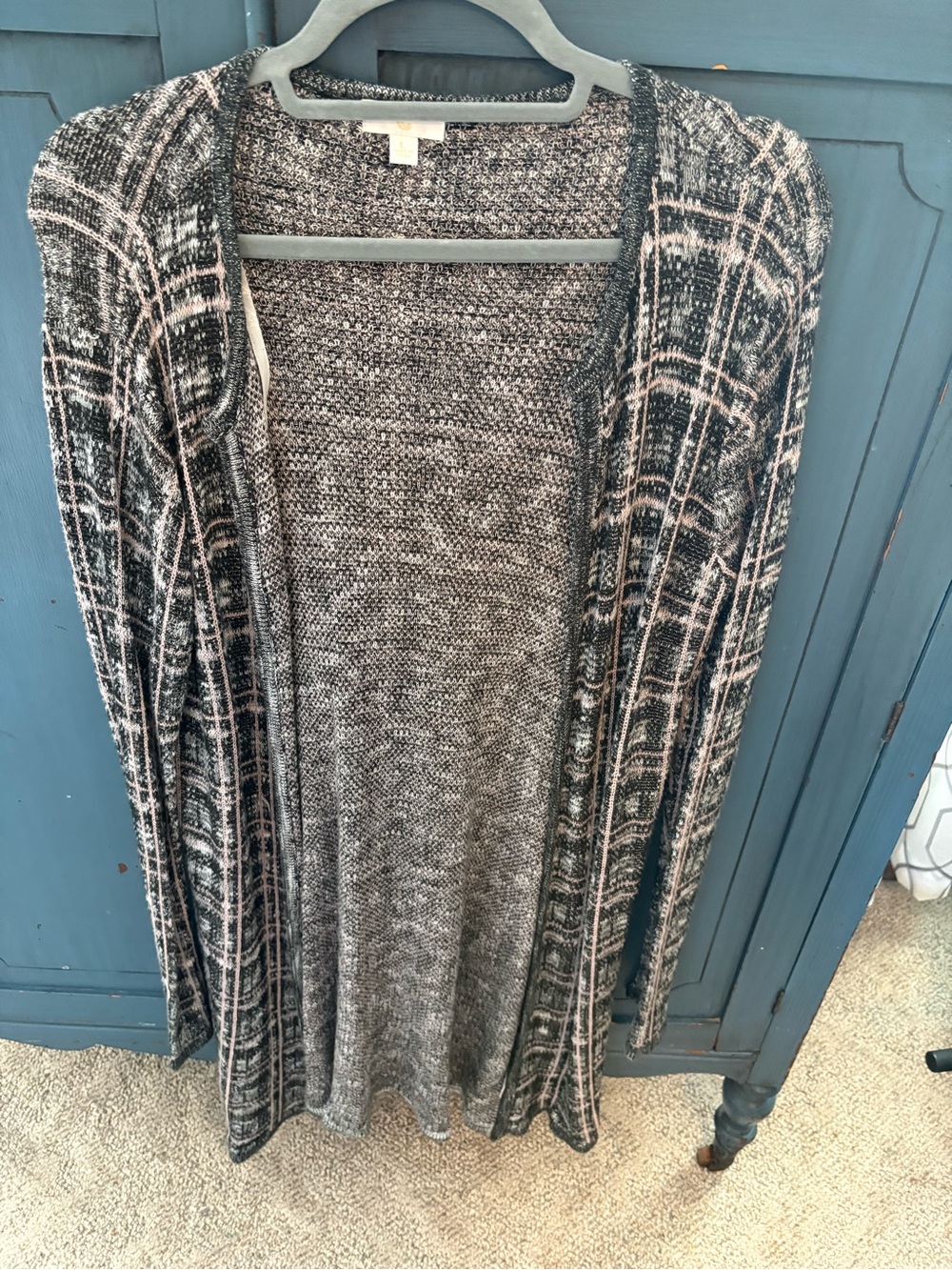 Open-Front Gray & Pink Patterned Women's Cardigan Sweater